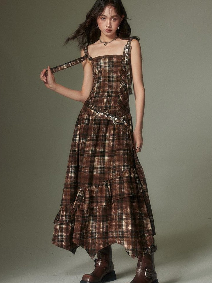 DIDDI MODA Vintage Plaid Adjustable Square Neck High Waist Women&