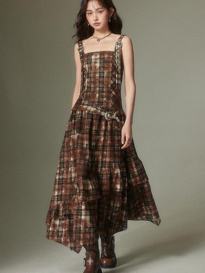 DIDDI MODA Vintage Plaid Adjustable Square Neck High Waist Women&
