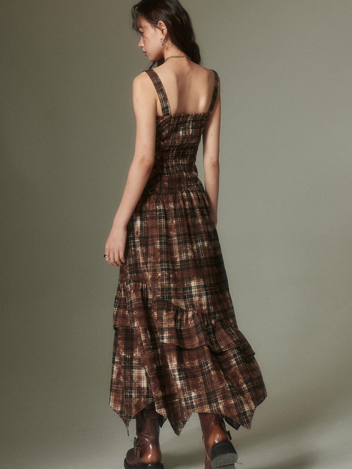 DIDDI MODA Vintage Plaid Adjustable Square Neck High Waist Women&