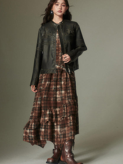 DIDDI MODA Vintage Plaid Adjustable Square Neck High Waist Women&