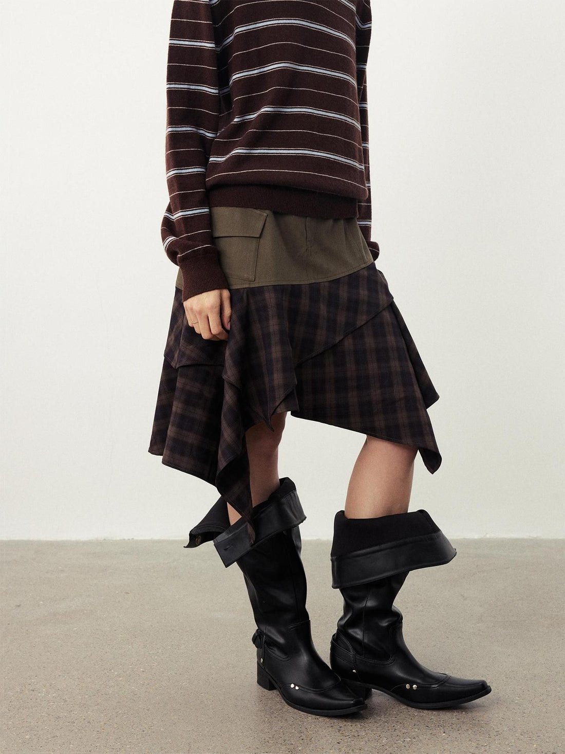 DIDDI MODA Vintage Plaid Spliced Asymmetric Women&