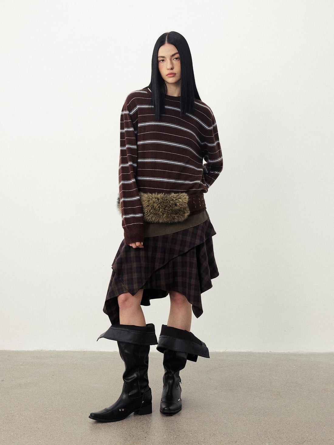DIDDI MODA Vintage Plaid Spliced Asymmetric Women&