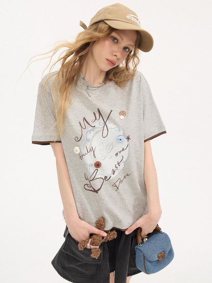 DIDDI MODA Vintage Plate Letter Print Round Neck Loose Women&