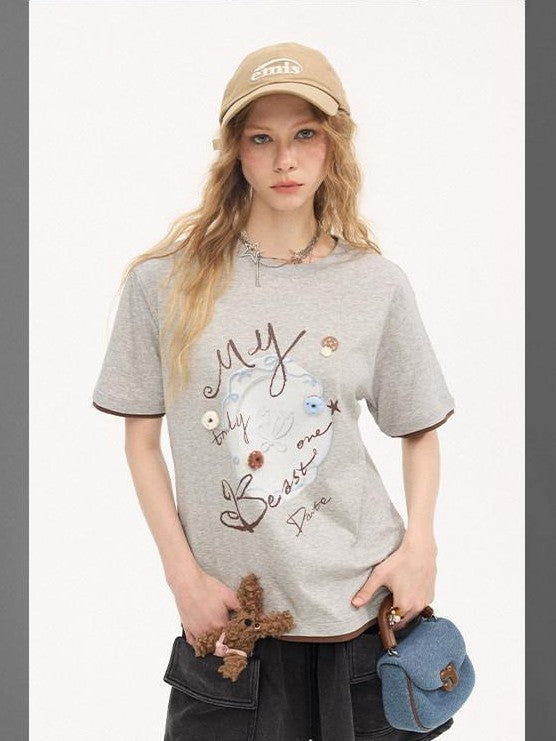 DIDDI MODA Vintage Plate Letter Print Round Neck Loose Women&