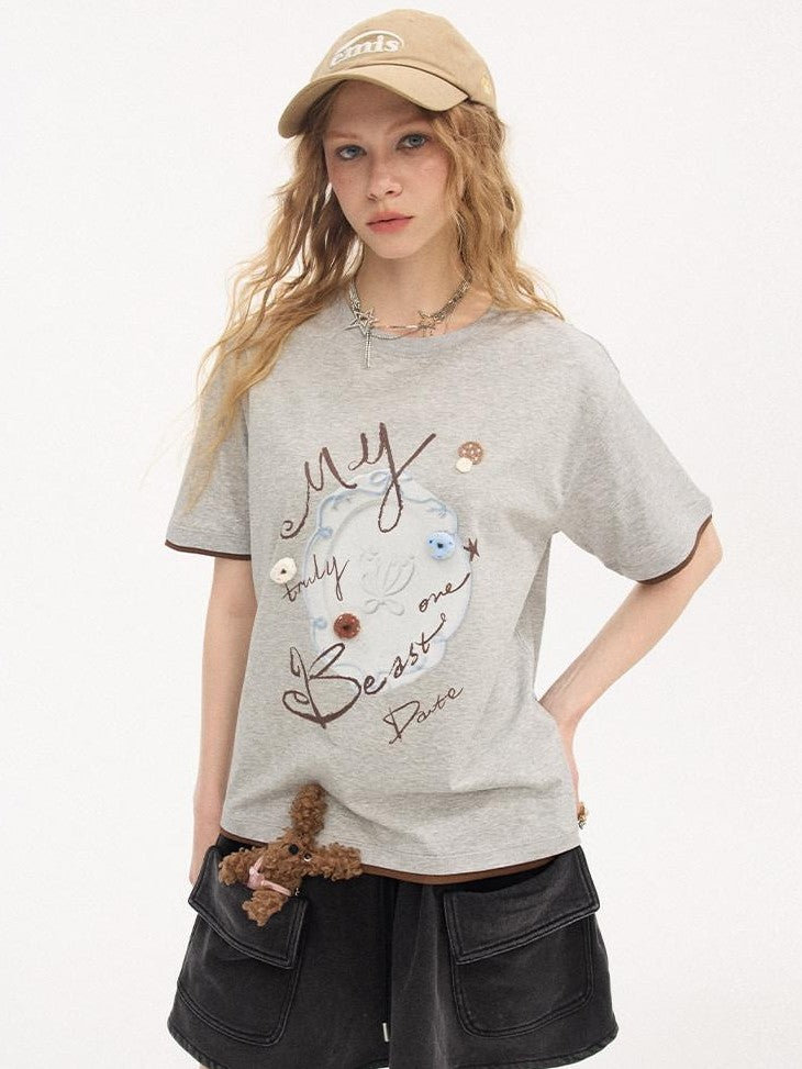 DIDDI MODA Vintage Plate Letter Print Round Neck Loose Women&