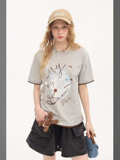 DIDDI MODA Vintage Plate Letter Print Round Neck Loose Women&
