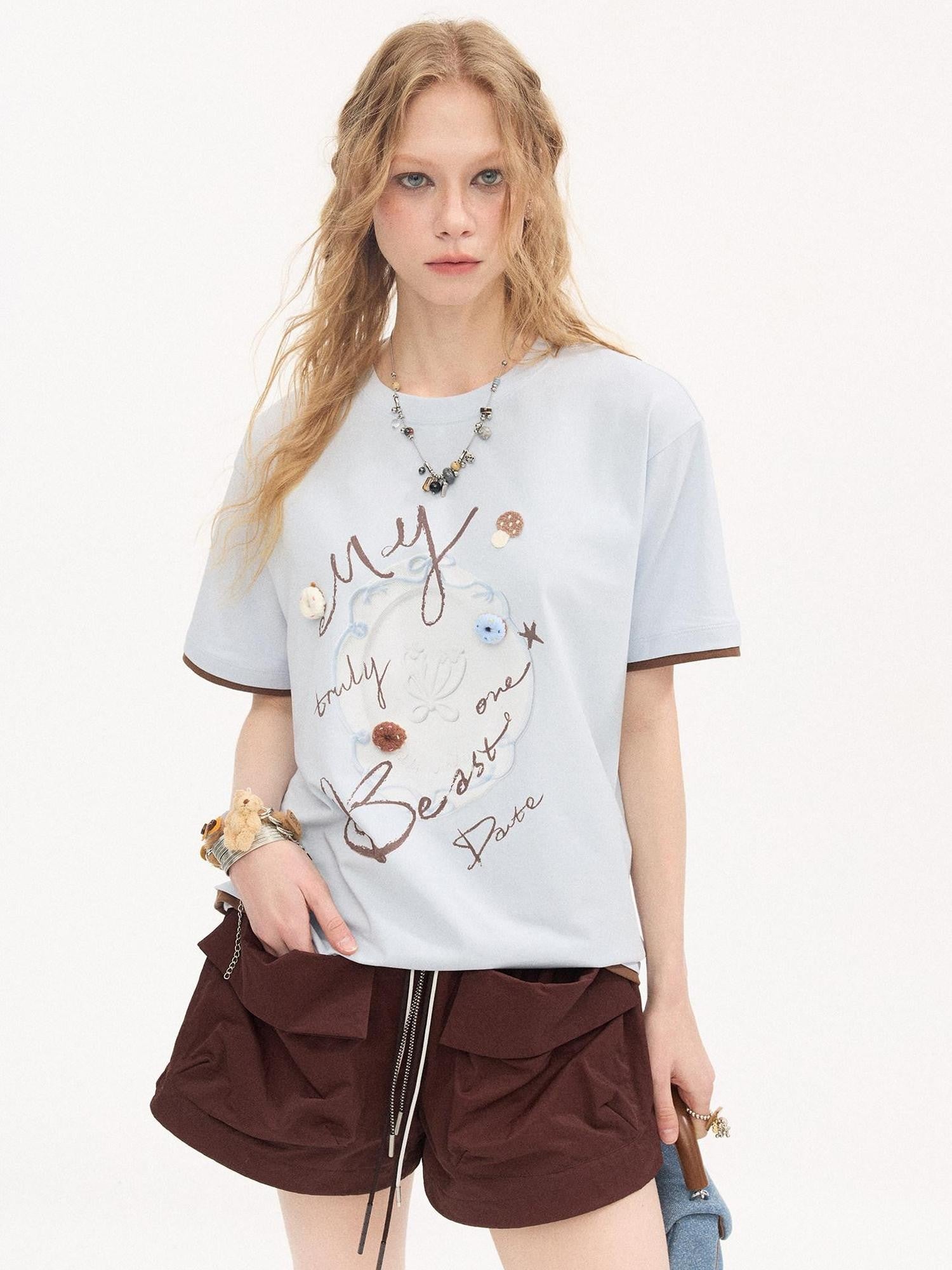 DIDDI MODA Vintage Plate Letter Print Round Neck Loose Women&