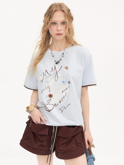 DIDDI MODA Vintage Plate Letter Print Round Neck Loose Women&