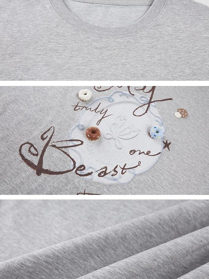 DIDDI MODA Vintage Plate Letter Print Round Neck Loose Women&