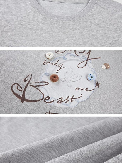 DIDDI MODA Vintage Plate Letter Print Round Neck Loose Women&