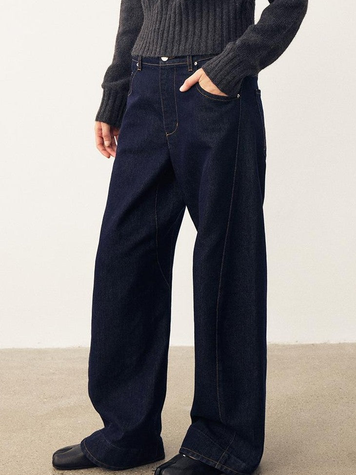 DIDDI MODA Vintage Raw Denim Curved Hem Natural Waist Women&