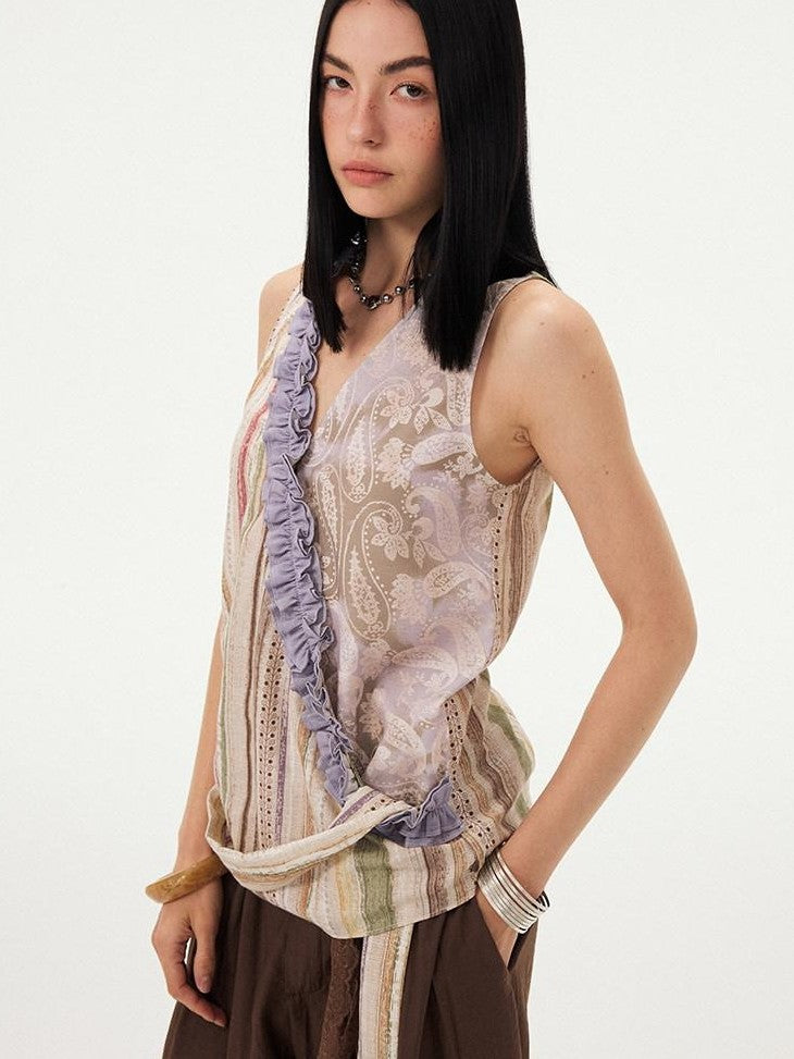 DIDDI MODA Vintage Striped Printed Asymmetrical V-neck Lace Trim Women&