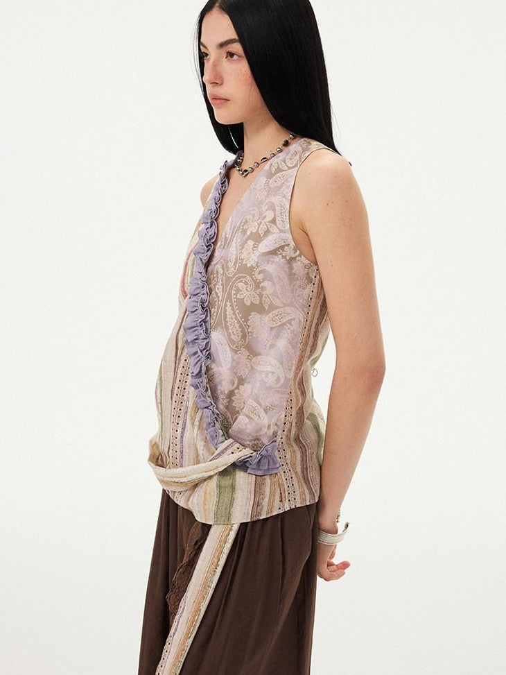 DIDDI MODA Vintage Striped Printed Asymmetrical V-neck Lace Trim Women&