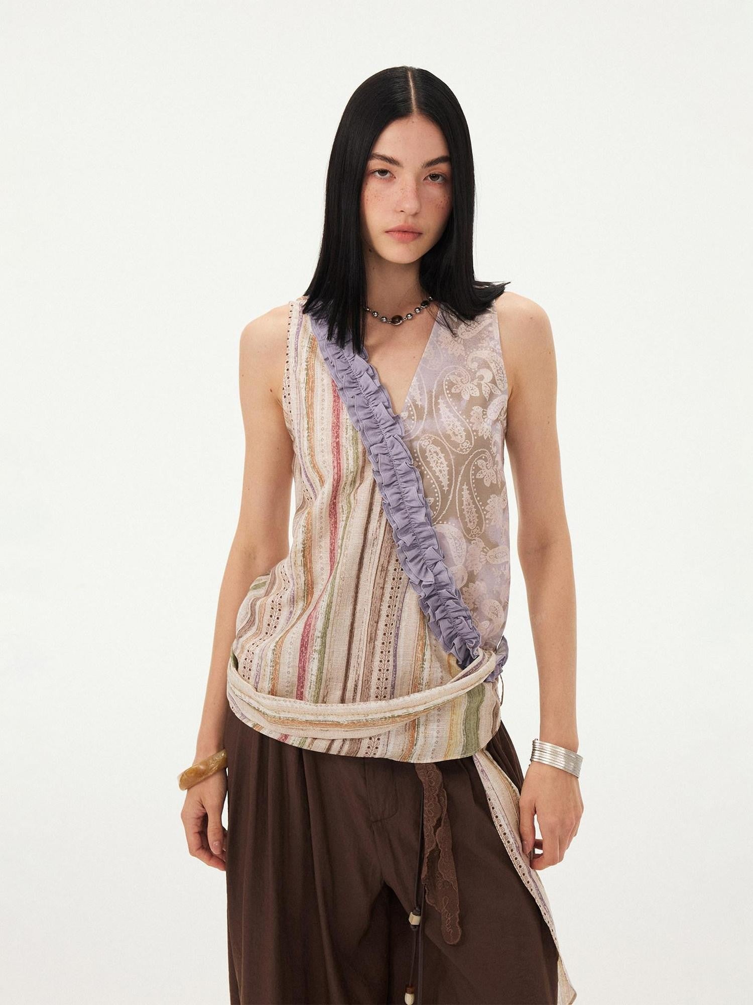 DIDDI MODA Vintage Striped Printed Asymmetrical V-neck Lace Trim Women&