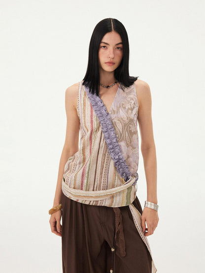 DIDDI MODA Vintage Striped Printed Asymmetrical V-neck Lace Trim Women&