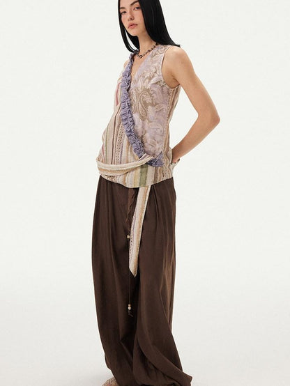 DIDDI MODA Vintage Striped Printed Asymmetrical V-neck Lace Trim Women&