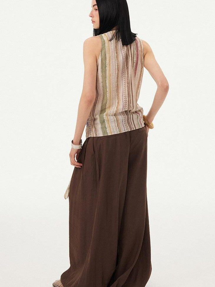 DIDDI MODA Vintage Striped Printed Asymmetrical V-neck Lace Trim Women&