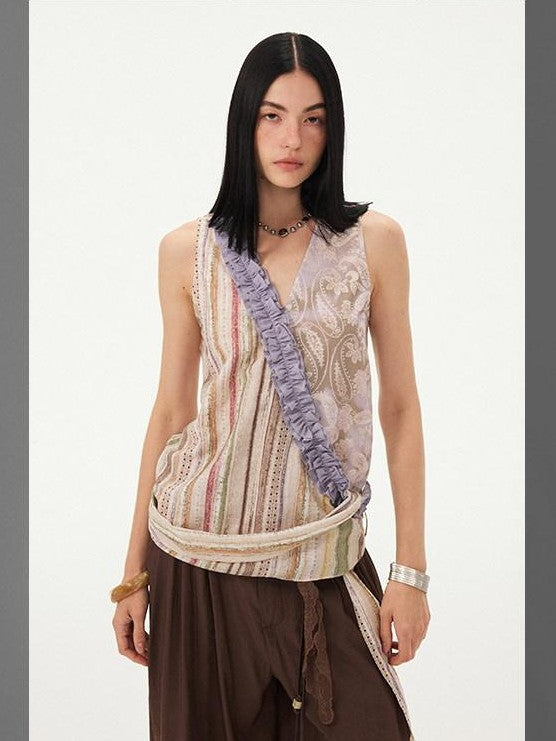DIDDI MODA Vintage Striped Printed Asymmetrical V-neck Lace Trim Women&