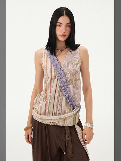 DIDDI MODA Vintage Striped Printed Asymmetrical V-neck Lace Trim Women&