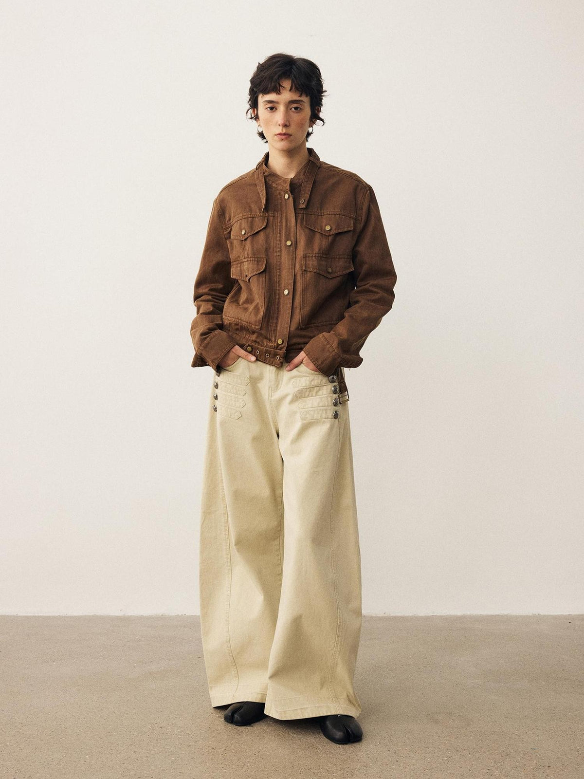 DIDDI MODA Vintage Wash Loose Fit Stand Collar Pockets Cropped Women&