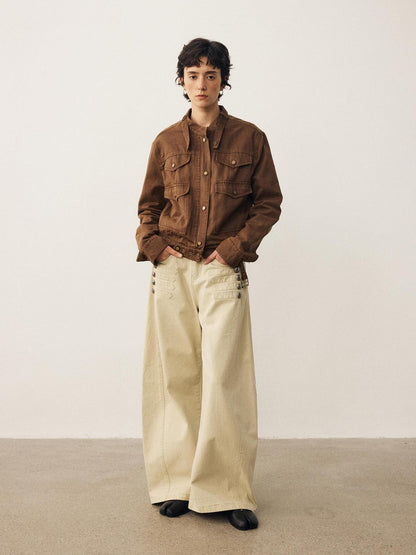DIDDI MODA Vintage Wash Loose Fit Stand Collar Pockets Cropped Women&