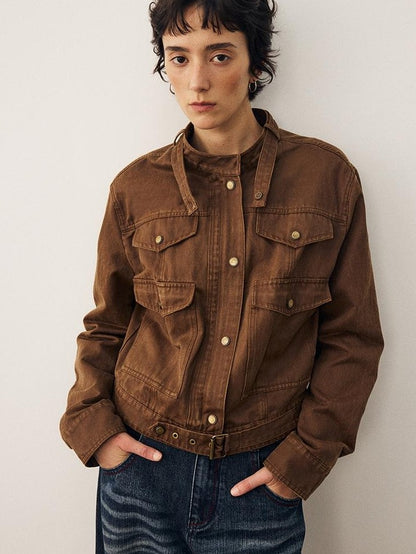 DIDDI MODA Vintage Wash Loose Fit Stand Collar Pockets Cropped Women&