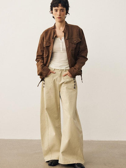 DIDDI MODA Vintage Wash Loose Fit Stand Collar Pockets Cropped Women&