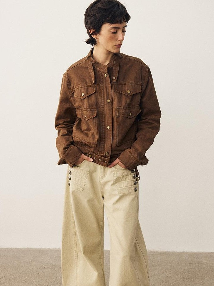 DIDDI MODA Vintage Wash Loose Fit Stand Collar Pockets Cropped Women&