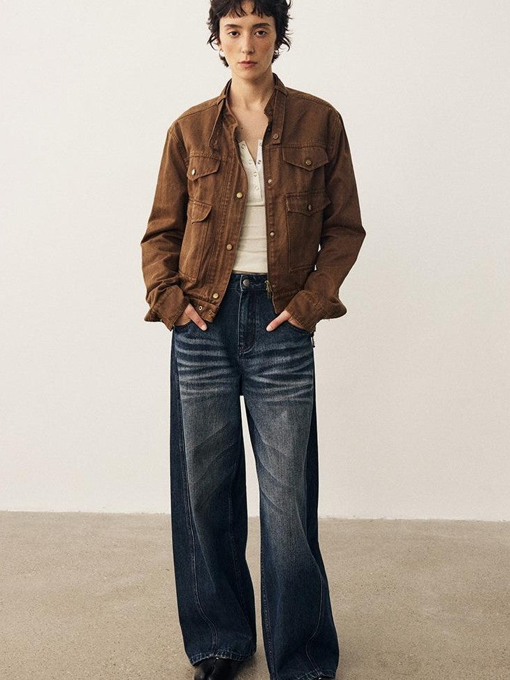 DIDDI MODA Vintage Wash Loose Fit Stand Collar Pockets Cropped Women&