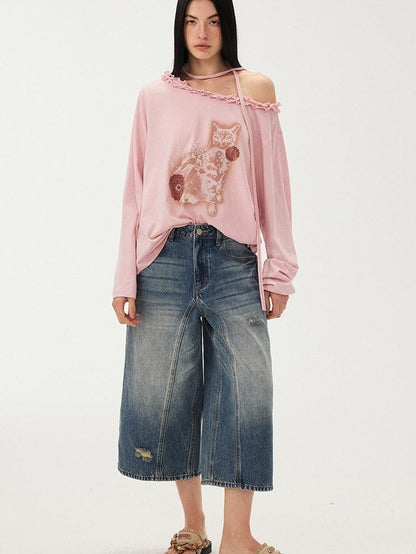 DIDDI MODA Vintage Washed Ripped Wide Leg Women&