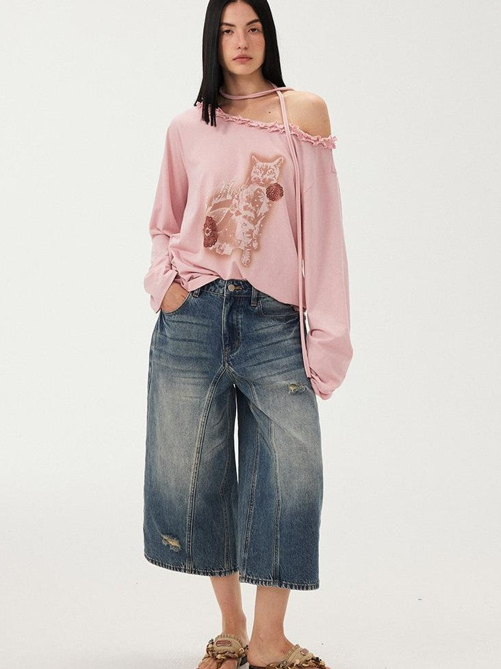 DIDDI MODA Vintage Washed Ripped Wide Leg Women&