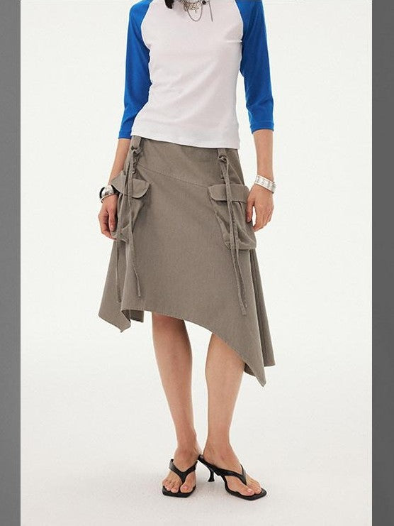 DIDDI MODA Washed Asymmetrical Tie Strap Large Pockets Women&
