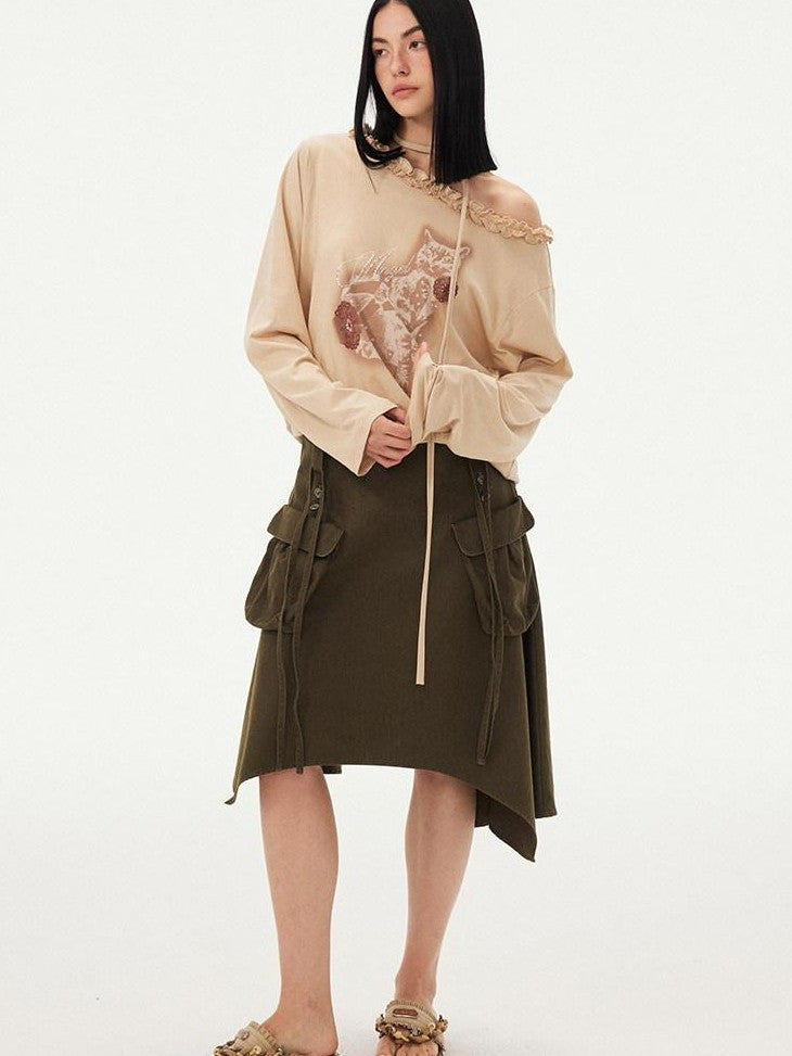 DIDDI MODA Washed Asymmetrical Tie Strap Large Pockets Women&