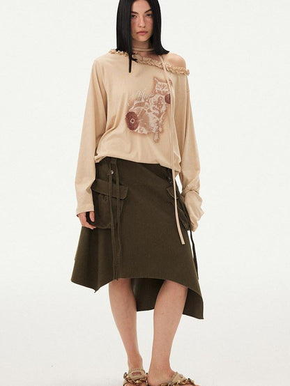 DIDDI MODA Washed Asymmetrical Tie Strap Large Pockets Women&