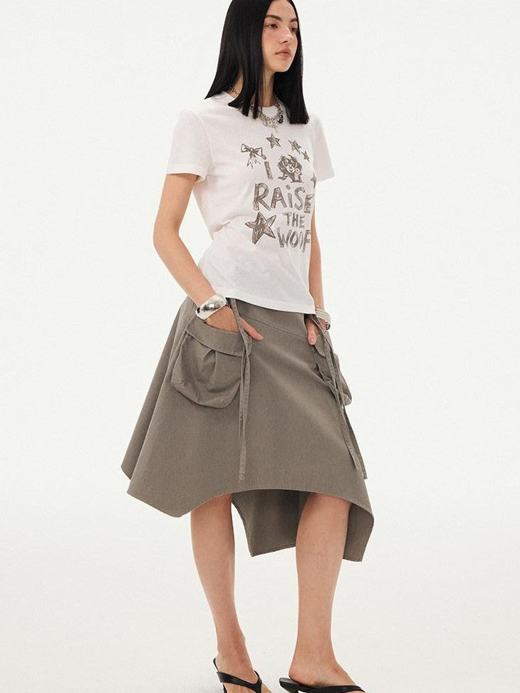 DIDDI MODA Washed Asymmetrical Tie Strap Large Pockets Women&