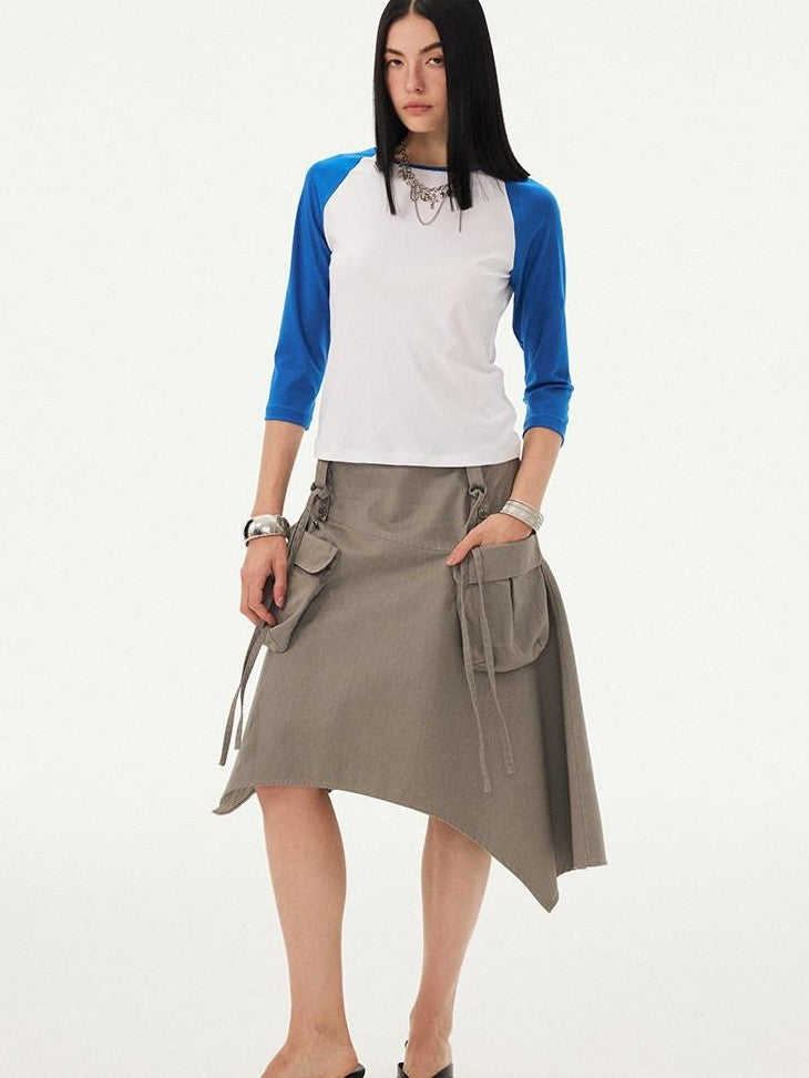 DIDDI MODA Washed Asymmetrical Tie Strap Large Pockets Women&