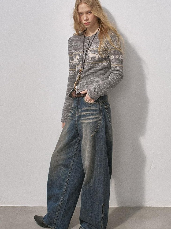 DIDDI MODA Washed Blue Seamless Curved Cut Whisker Distressed Women&