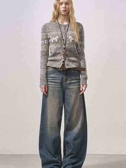 DIDDI MODA Washed Blue Seamless Curved Cut Whisker Distressed Women&