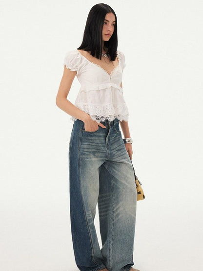 DIDDI MODA Washed Blue Side Panel Colorblock Splice Low Rise Women&