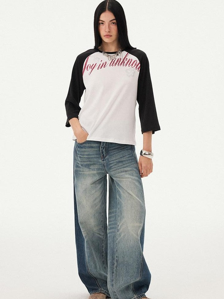 DIDDI MODA Washed Blue Side Panel Colorblock Splice Low Rise Women&