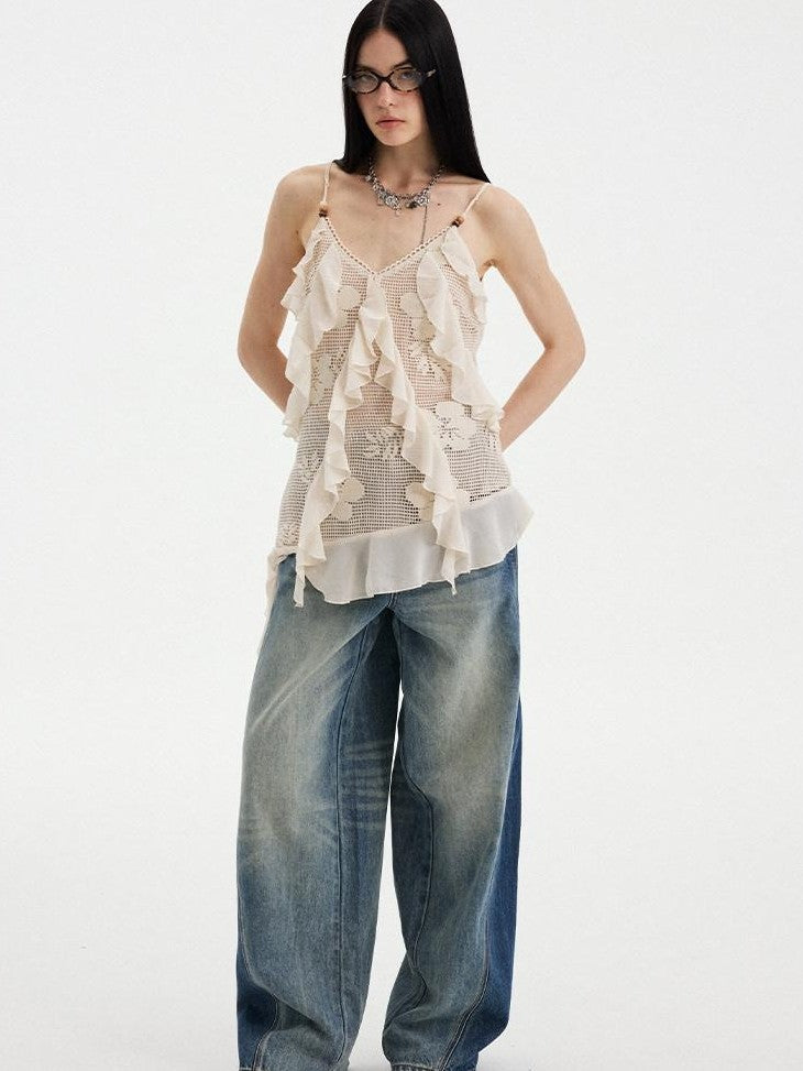 DIDDI MODA Washed Blue Side Panel Colorblock Splice Low Rise Women&