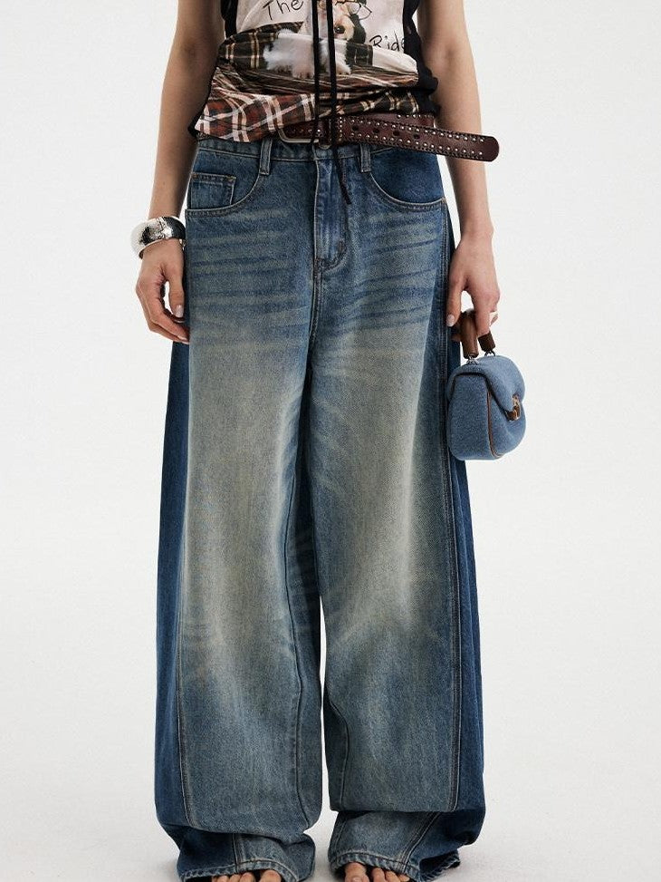 DIDDI MODA Washed Blue Side Panel Colorblock Splice Low Rise Women&
