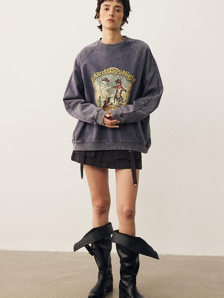 DIDDI MODA Washed Dancing Cat Print Raglan Oversized Women&