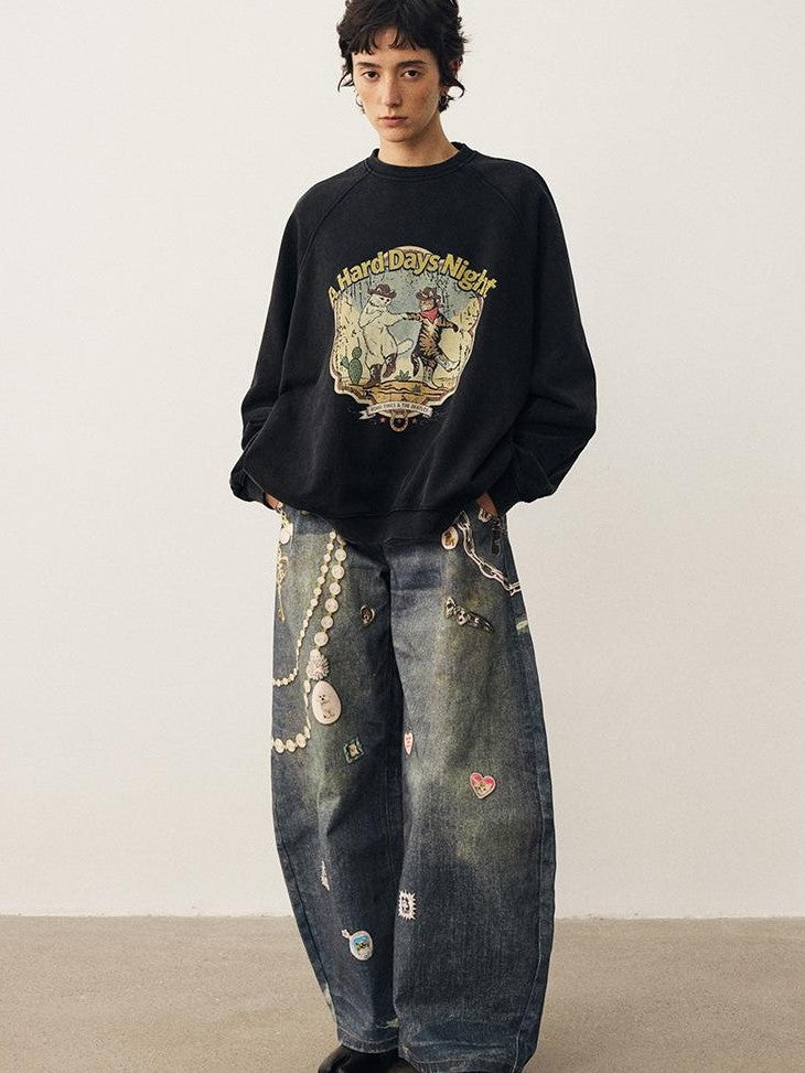 DIDDI MODA Washed Dancing Cat Print Raglan Oversized Women&