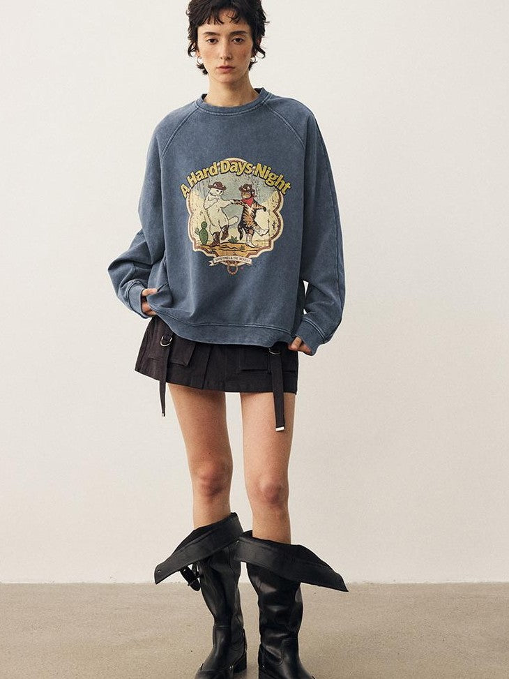 DIDDI MODA Washed Dancing Cat Print Raglan Oversized Women&