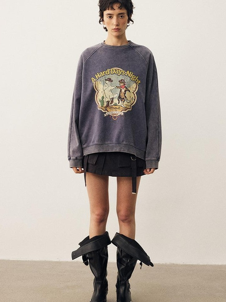 DIDDI MODA Washed Dancing Cat Print Raglan Oversized Women&