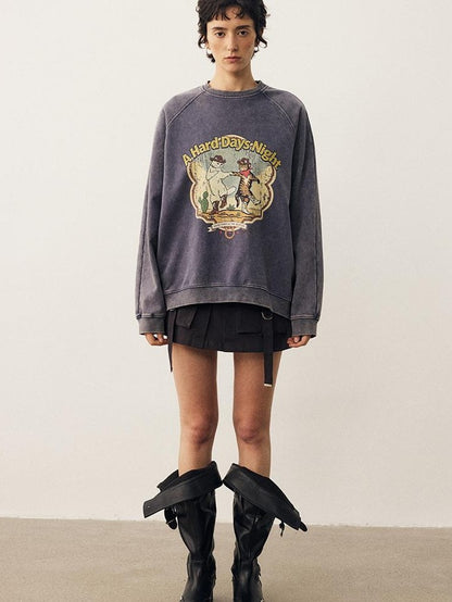 DIDDI MODA Washed Dancing Cat Print Raglan Oversized Women&