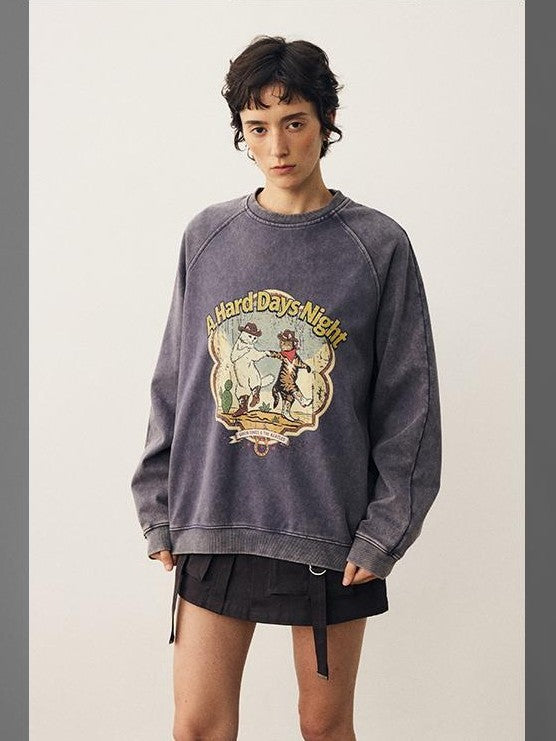 DIDDI MODA Washed Dancing Cat Print Raglan Oversized Women&