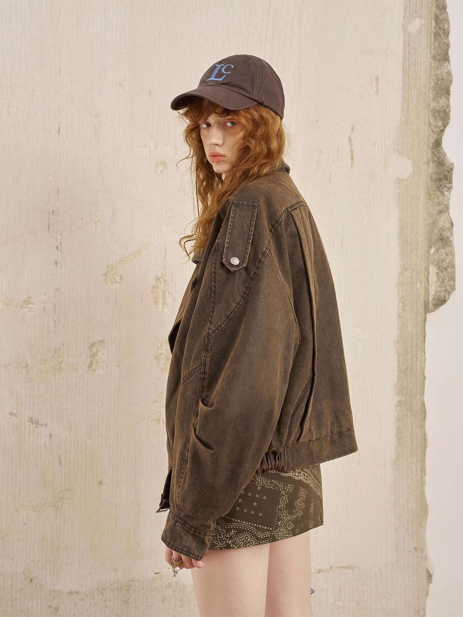 DIDDI MODA Washed Denim Leather Collar Relaxed Women&