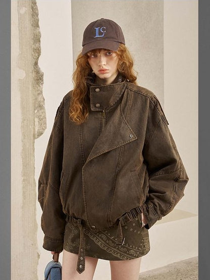 DIDDI MODA Washed Denim Leather Collar Relaxed Women&